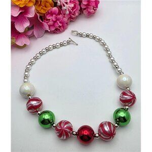 Christmas Beaded Necklace Chunky Red White Green Sparkle Beads Silver Toggle 18"